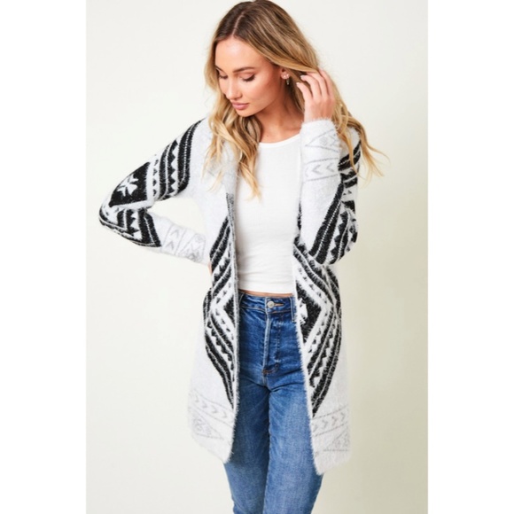 Fuzzy Soft Knit Hooded Long Sleeve Aztec Tribal Native Western Cardigan Sweater - Picture 2 of 10